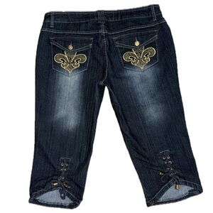 👖💿 DEREON Gold Stud Fleur-De-Lis Capri Jeans |‎ Dark Wash | Sz 13/14
